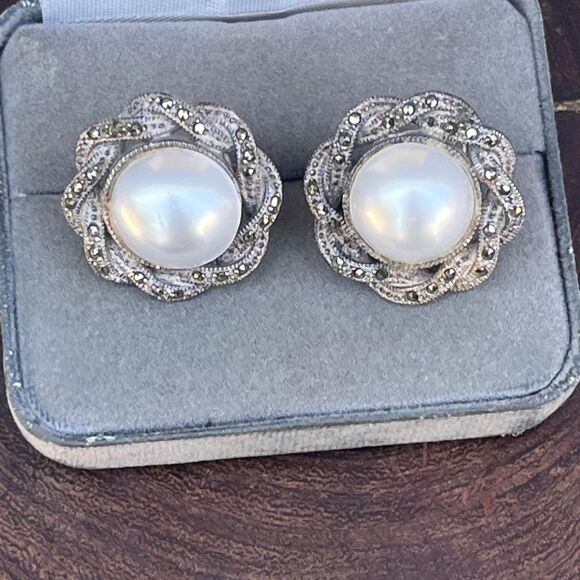 Vintage Marcasite Judith Jack Earrings in Sterling Silver Faux Peal Large Studs - Picture 4 of 8